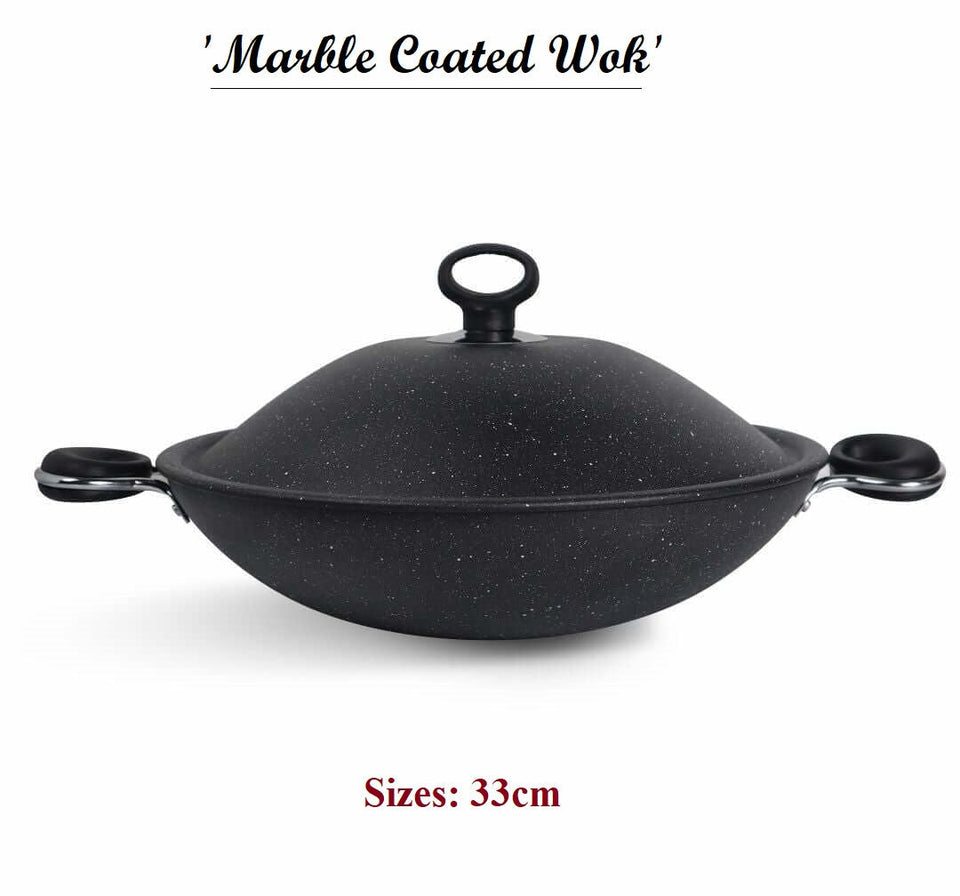 Non-Stick Marble Coated Queen Wok (Karahi) - Black 30, 33cm