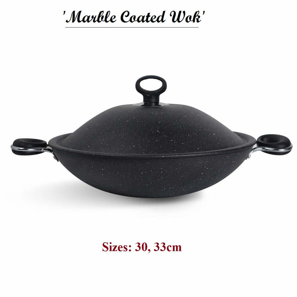 Non-Stick Marble Coated Queen Wok (Karahi) - Black 30, 33cm