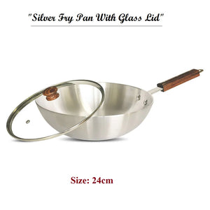 Cookware Silver Deep Fry Pan with glass lid / Silver Karahi 24, 26, 28cm