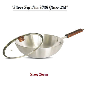 Cookware Silver Deep Fry Pan with glass lid / Silver Karahi 24, 26, 28cm